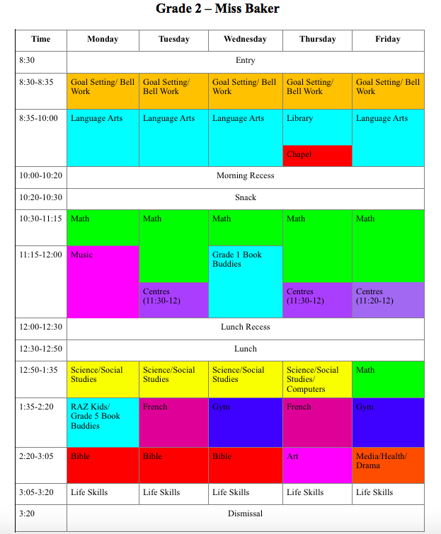 Class Schedule - CBA Grade 2